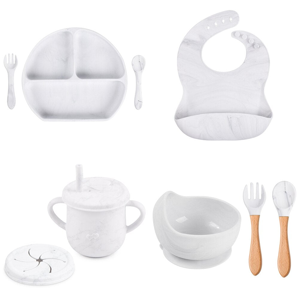 8PCS Soft Silicone Bib, Dinner Plate, Suction Cup, Bowl, Plate, Cup, Spoon & Fork Set -  Non-Slip Food Grade Silicone