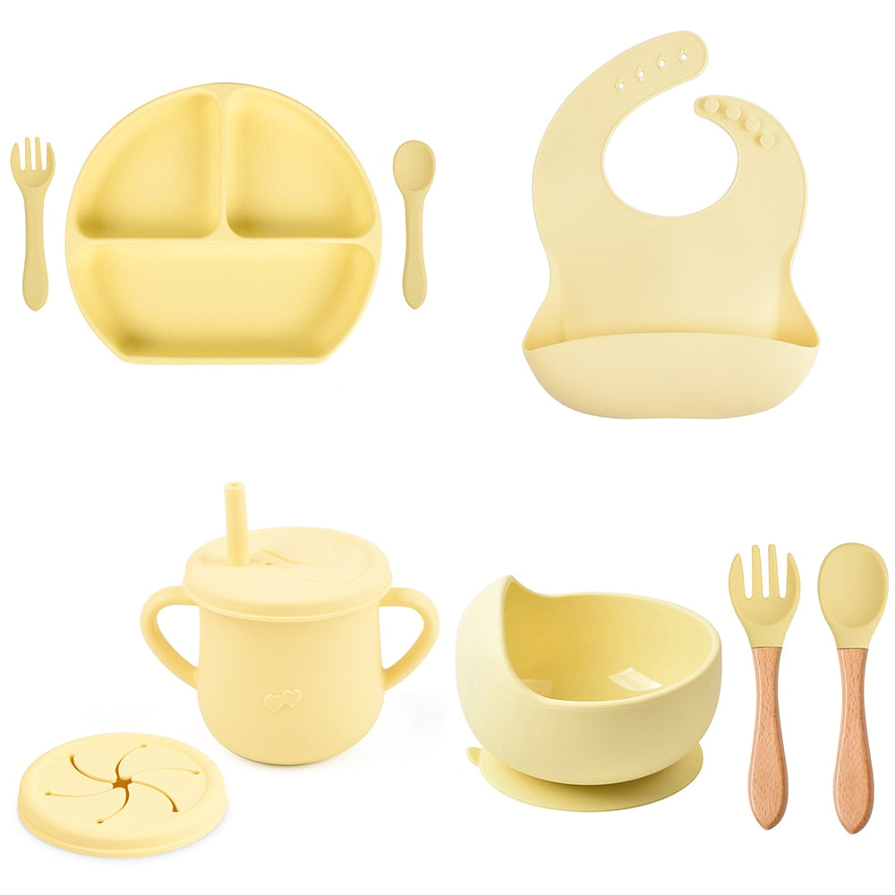 8PCS Soft Silicone Bib, Dinner Plate, Suction Cup, Bowl, Plate, Cup, Spoon & Fork Set -  Non-Slip Food Grade Silicone