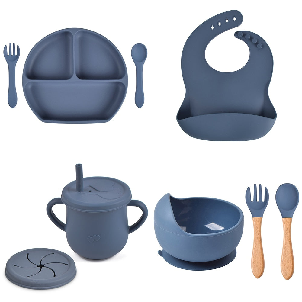 8PCS Soft Silicone Bib, Dinner Plate, Suction Cup, Bowl, Plate, Cup, Spoon & Fork Set -  Non-Slip Food Grade Silicone