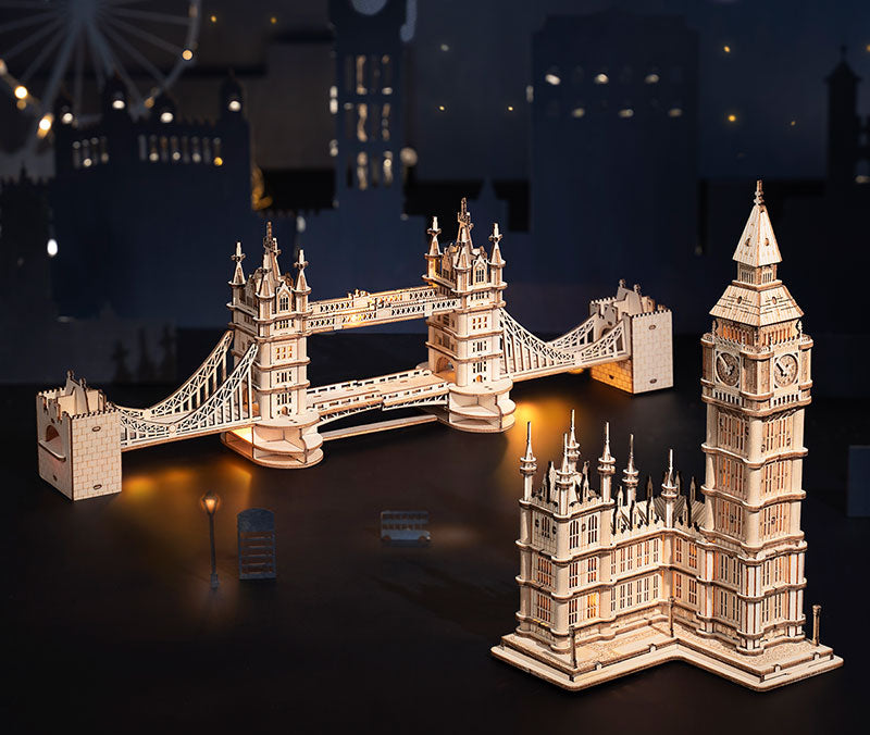 3D Wooden Puzzle - Big Ben, Tower Bridge, Pagoda Building and Arc de Triomphe