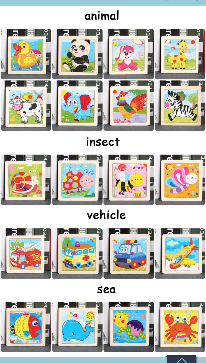 Wooden Puzzles - Colourful, cartoon style wooden 11cm wooden puzzles