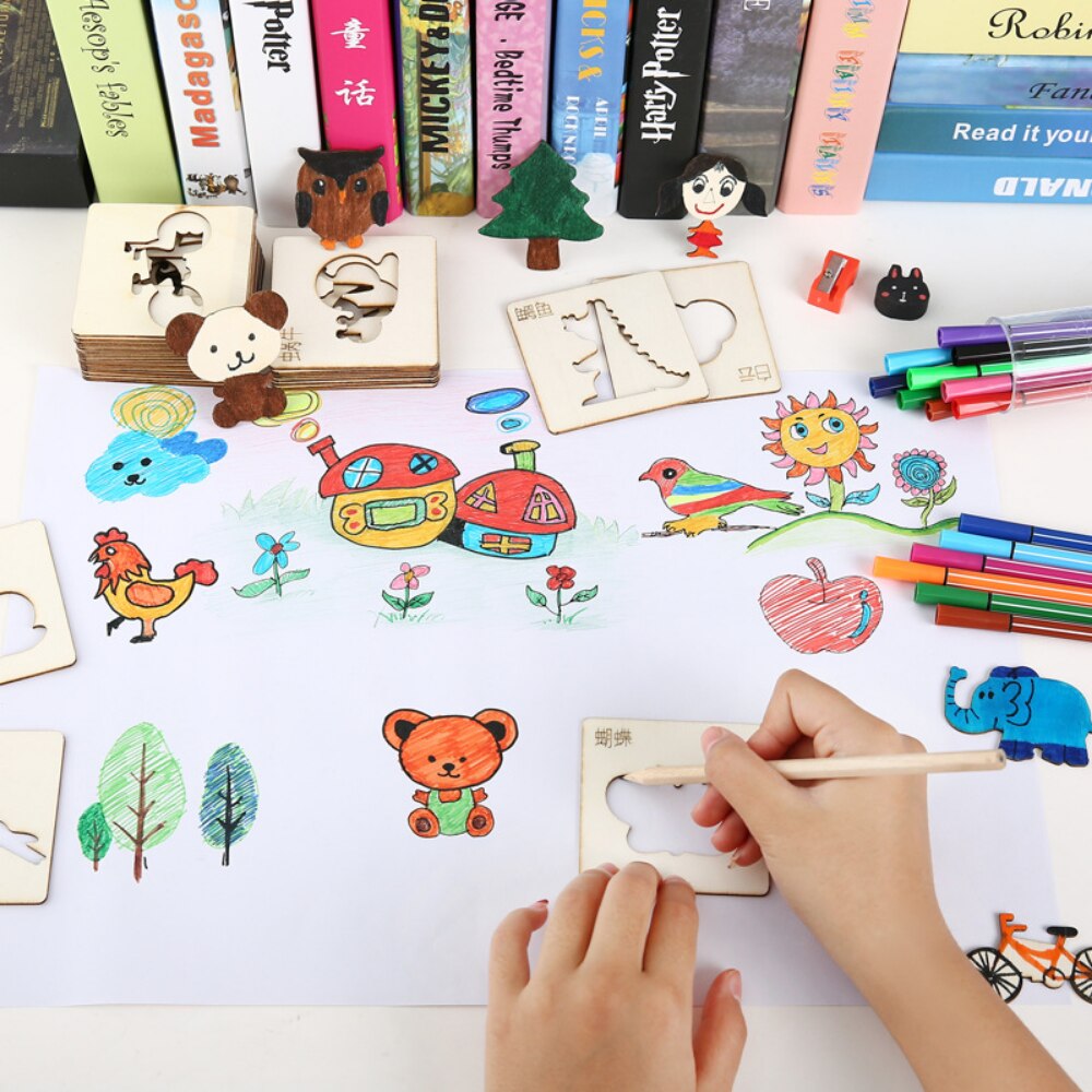 20Pcs Kids Wooden Drawing Stencils Kit