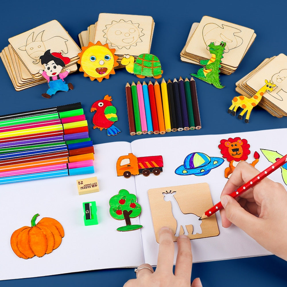 20Pcs Kids Wooden Drawing Stencils Kit